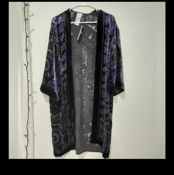 New Chicos Velvet Burnout Kimono Navy Blue Black Boho Western Whimsigoth - Picture 8 of 9